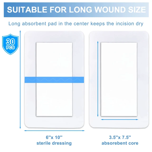 Alt view image 5 of 7 - 30 Pack 6"x10" Waterproof Adhesive Island Dressing for Post-Surgery Recovery | Sterile Bordered Gauze Bandages with Non-Stick Pad for Knee/Hip Replacement, Surgical Incision Care & Shower Protection