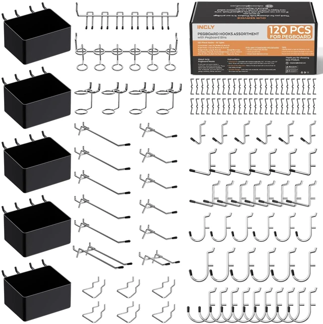 Main image of 120PCS Pegboard Accessories Organizer Kit with Peg Borad Hooks & Bins Peg Board Hooks Assortment, For Organizing Various Tools, Fit 1/8 or 1/4 inch Pegboard, For Garage Hanging & Storage Tools