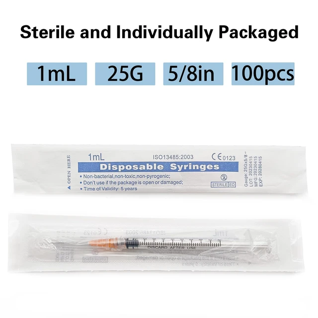 Alt view image 5 of 7 - 100pcs 1ml 25G x 5/8 inch Scientific Accessories, Refilling Liquids 1cc 25g 5/8 inch 16mm Individually Wrapped, Lab Sample Injections, Disposable Luer Lock, Dispensing Supplies, Thick