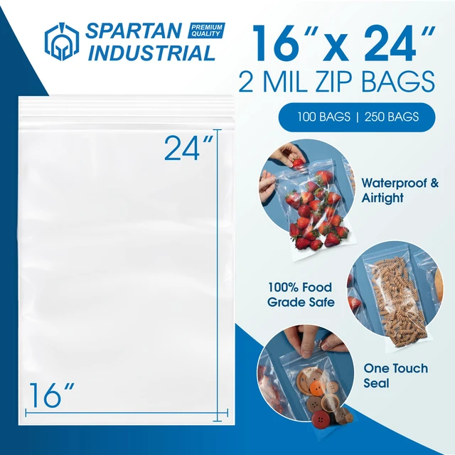 Alt view image 2 of 7 - 16 X 24 (100 Count) 2 Mil Clear Reclosable Zip Plastic Poly Bags with Resealable Lock Seal Zipper