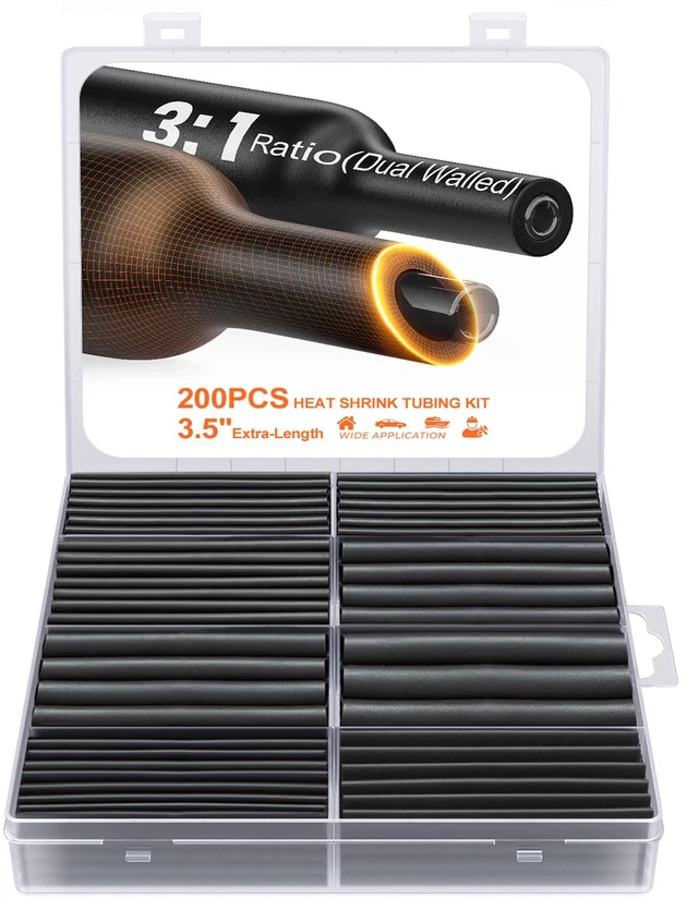 Main image of Heat Shrink Tubing Kit 200 PCS, 3.54" Extra-Length, 3:1 Ratio Dual Walled with Strong Adhesive Lined, Marine Grade Shrink Wrap - Industrial Heat-Shrink Tubing -Black
