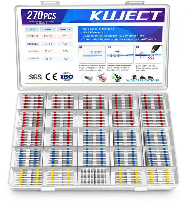 Main image of Heat Shrink Solder Seal Wire Connectors Kit 270PCS 26-10 AWG Waterproof Electrical Connectors for Marine, Automotive, Truck Repair, Solderless Wiring Splice Connectors