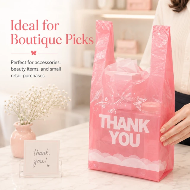 Alt view image 2 of 7 - 800 Count Pink Thank You T-Shirt Bags, 11 x 6 x 21 in Durable HDPE with handles, Thank You print, disposable carryout sacks for grocery, retail and takeout