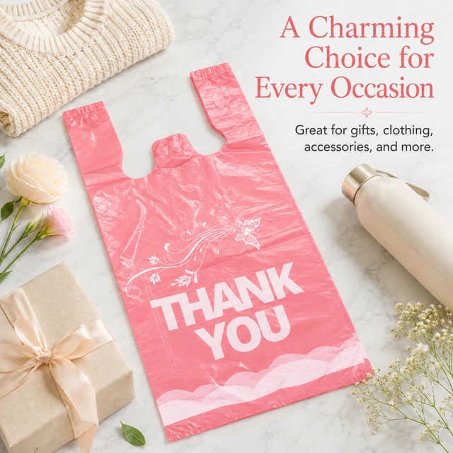 Alt view image 3 of 7 - 800 Count Pink Thank You T-Shirt Bags, 11 x 6 x 21 in Durable HDPE with handles, Thank You print, disposable carryout sacks for grocery, retail and takeout