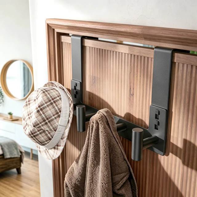 Alt view image 3 of 6 - Door Towel Rack, Wooden Door Metal Hook, Heavy-Duty Storage Clothes Hanger, Outerwear Backpack (4 Hook, Fits 1-3/4'' Thick)