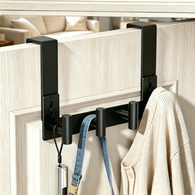 Alt view image 4 of 6 - Door Towel Rack, Wooden Door Metal Hook, Heavy-Duty Storage Clothes Hanger, Outerwear Backpack (4 Hook, Fits 1-3/4'' Thick)