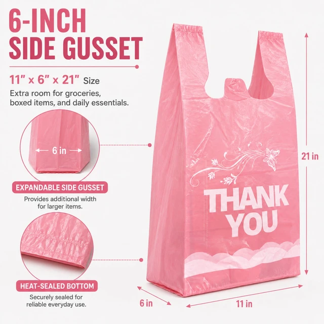 Alt view image 5 of 7 - 800 Count Pink Thank You T-Shirt Bags, 11 x 6 x 21 in Durable HDPE with handles, Thank You print, disposable carryout sacks for grocery, retail and takeout