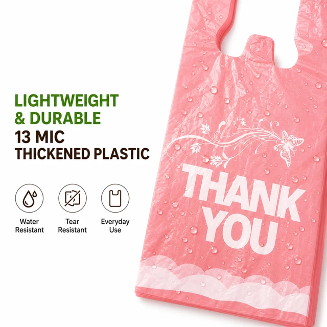 Alt view image 4 of 7 - 800 Count Pink Thank You T-Shirt Bags, 11 x 6 x 21 in Durable HDPE with handles, Thank You print, disposable carryout sacks for grocery, retail and takeout
