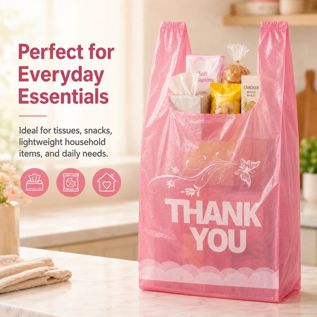 Alt view image 7 of 7 - 800 Count Pink Thank You T-Shirt Bags, 11 x 6 x 21 in Durable HDPE with handles, Thank You print, disposable carryout sacks for grocery, retail and takeout