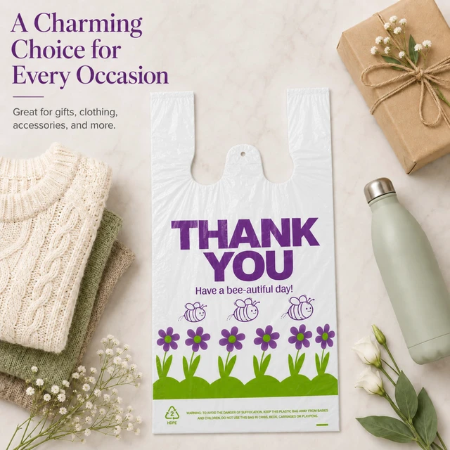 Alt view image 3 of 7 - Purple Special Design T-Shirt Bags, 11 x 6 x 21 in Durable plastic with handles, purple carryout sacks for grocery, retail, takeout and small business use