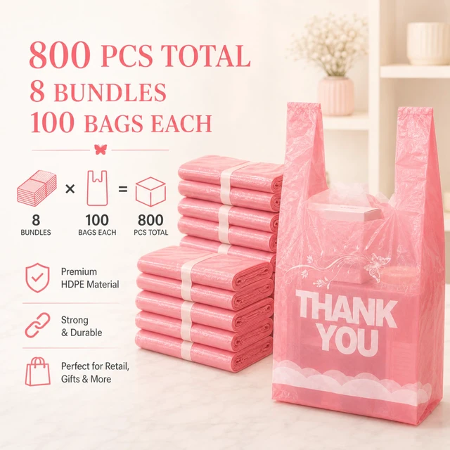 Alt view image 6 of 7 - 800 Count Pink Thank You T-Shirt Bags, 11 x 6 x 21 in Durable HDPE with handles, Thank You print, disposable carryout sacks for grocery, retail and takeout