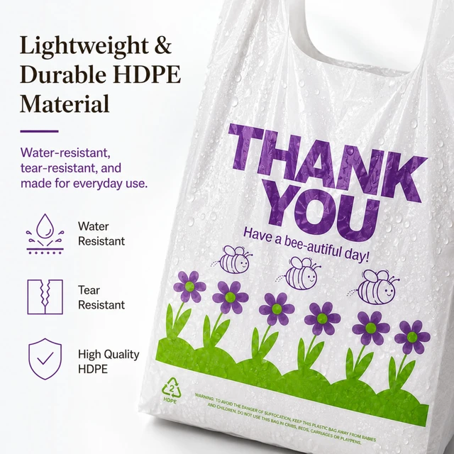 Alt view image 4 of 7 - Purple Special Design T-Shirt Bags, 11 x 6 x 21 in Durable plastic with handles, purple carryout sacks for grocery, retail, takeout and small business use
