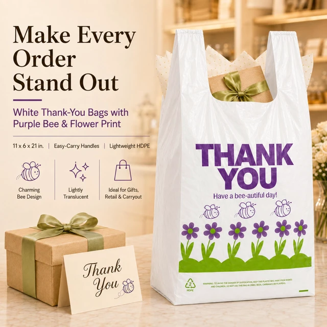 Alt view image 2 of 7 - Purple Special Design T-Shirt Bags, 11 x 6 x 21 in Durable plastic with handles, purple carryout sacks for grocery, retail, takeout and small business use