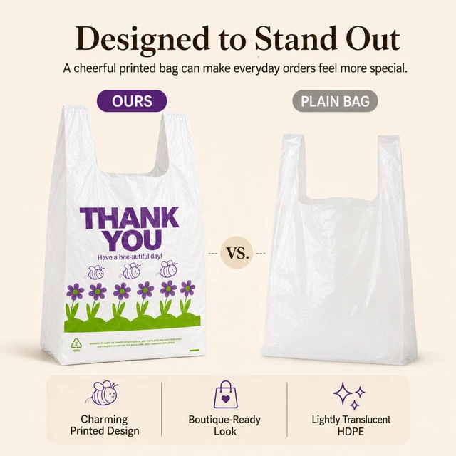 Alt view image 6 of 7 - Purple Special Design T-Shirt Bags, 11 x 6 x 21 in Durable plastic with handles, purple carryout sacks for grocery, retail, takeout and small business use