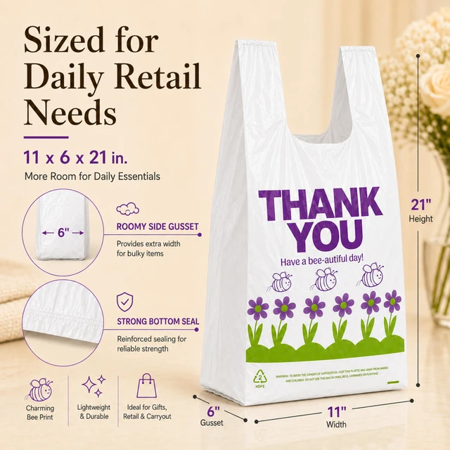 Alt view image 5 of 7 - Purple Special Design T-Shirt Bags, 11 x 6 x 21 in Durable plastic with handles, purple carryout sacks for grocery, retail, takeout and small business use