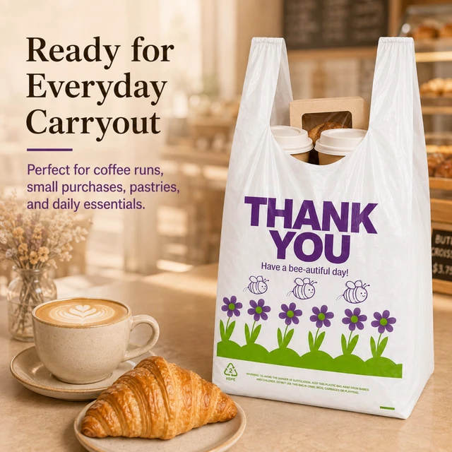 Alt view image 7 of 7 - Purple Special Design T-Shirt Bags, 11 x 6 x 21 in Durable plastic with handles, purple carryout sacks for grocery, retail, takeout and small business use