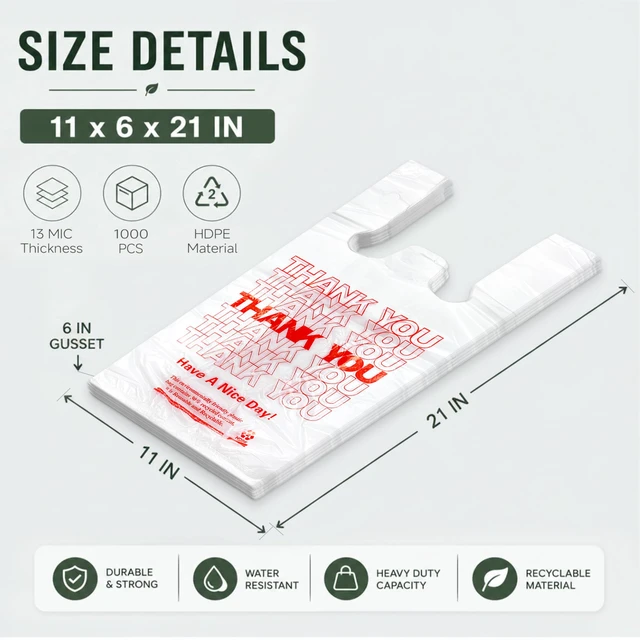 Alt view image 3 of 7 - 1000 Count White Thank You T-Shirt Bags, 11 x 6 x 21 in Durable HDPE with handles, Thank You print, carryout sacks for grocery, retail, takeout and small business