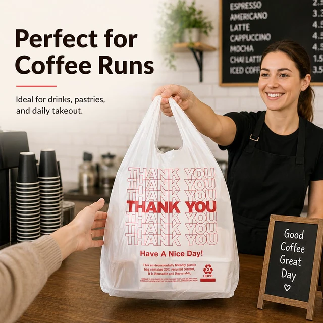 Alt view image 6 of 7 - 1000 Count White Thank You T-Shirt Bags, 11 x 6 x 21 in Durable HDPE with handles, Thank You print, carryout sacks for grocery, retail, takeout and small business