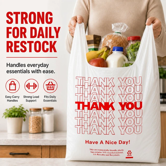 Alt view image 4 of 7 - 1000 Count White Thank You T-Shirt Bags, 11 x 6 x 21 in Durable HDPE with handles, Thank You print, carryout sacks for grocery, retail, takeout and small business