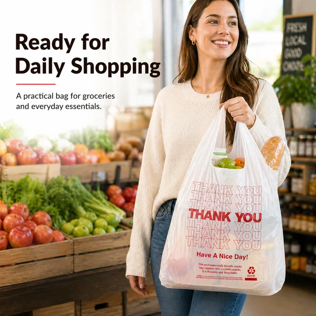 Alt view image 7 of 7 - 1000 Count White Thank You T-Shirt Bags, 11 x 6 x 21 in Durable HDPE with handles, Thank You print, carryout sacks for grocery, retail, takeout and small business