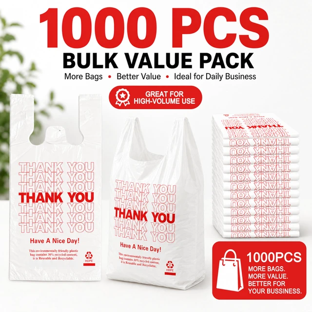 Alt view image 5 of 7 - 1000 Count White Thank You T-Shirt Bags, 11 x 6 x 21 in Durable HDPE with handles, Thank You print, carryout sacks for grocery, retail, takeout and small business