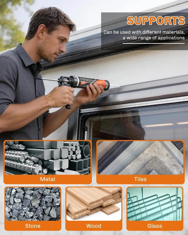 Alt view image 5 of 7 - Gray Silicone Caulk, 100% Waterproof Silicone Sealant Adhesive Caulking,for RV, Kitchen,Bathroom, Window, Door, Glass,10.2FL.OZ/300ML4 Pack