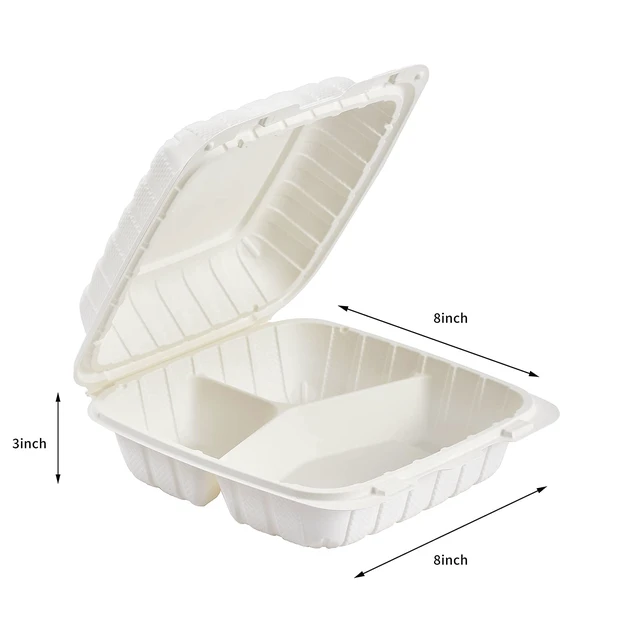 Alt view image 2 of 7 - 8X8" 3Compartment 50-Pack Plastic Clamshell Take Out Food Containers, Heavy Duty To-go Disposable Lunch Box For Cake, Sandwich, Salad, Dessert, Restaurant Meal Prep Packaging Catering Hinged Container