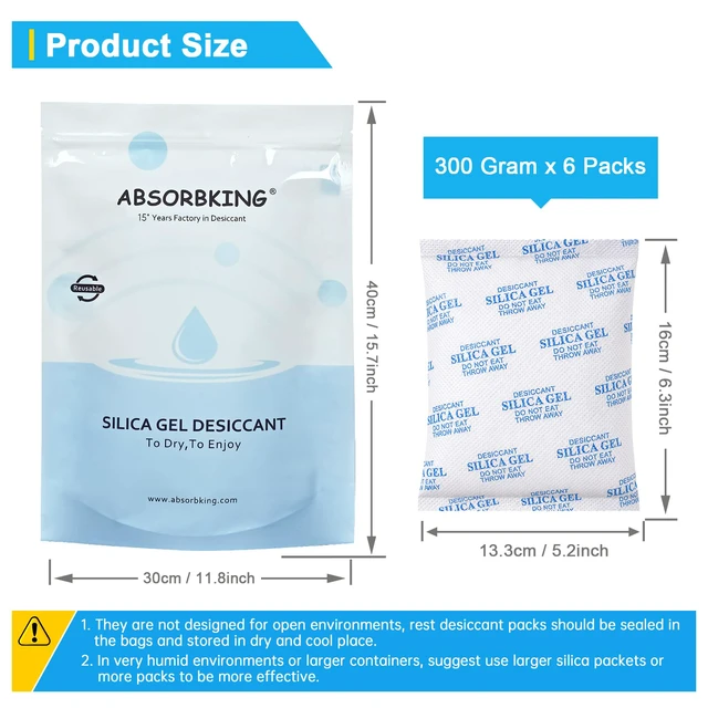 Alt view image 6 of 7 - Silica Gel Packets, 300 Gram 6 Packs Food Safe Desiccant Packs, Large Desiccant Packs for Storage, Reusable Large Moisture Absorbers for Storage Bins, 3D Filaments, Electronics, Safes