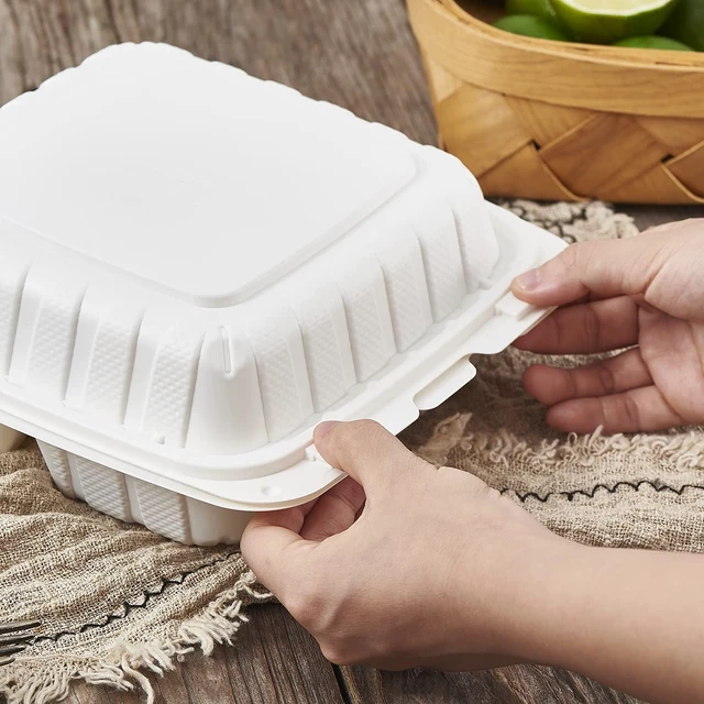 Alt view image 4 of 7 - 8X8" 3Compartment 50-Pack Plastic Clamshell Take Out Food Containers, Heavy Duty To-go Disposable Lunch Box For Cake, Sandwich, Salad, Dessert, Restaurant Meal Prep Packaging Catering Hinged Container