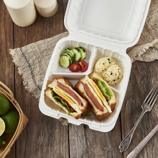 Alt view image 5 of 7 - 8X8" 3Compartment 50-Pack Plastic Clamshell Take Out Food Containers, Heavy Duty To-go Disposable Lunch Box For Cake, Sandwich, Salad, Dessert, Restaurant Meal Prep Packaging Catering Hinged Container