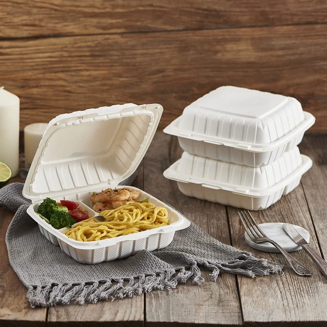 Alt view image 6 of 7 - 8X8" 3Compartment 50-Pack Plastic Clamshell Take Out Food Containers, Heavy Duty To-go Disposable Lunch Box For Cake, Sandwich, Salad, Dessert, Restaurant Meal Prep Packaging Catering Hinged Container
