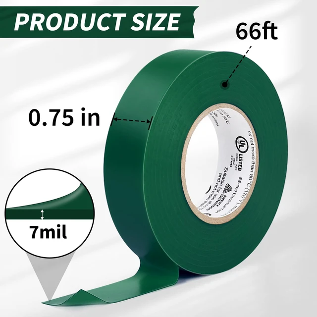 Alt view image 6 of 7 - Electrical Tape, 10 Rolls General Use PVC Electric Tape, UL/CSA Listed ¾ in x 66 ft Insulating Vinyl Tape for Electrical, Repairs, Automotive and Equipment, EE-100, Green