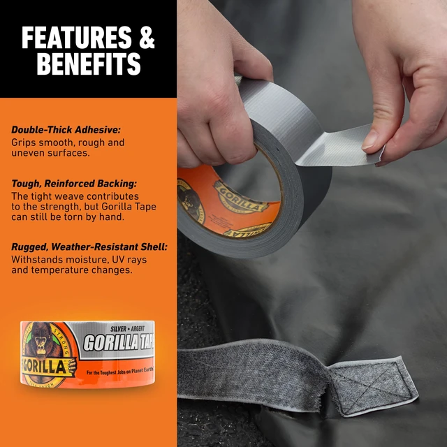 Alt view image 4 of 7 - Tape,1.88 in x 10 yd,Silver - Duct,Utility,Triple Layer Strength,Indoor & Outdoor,Weather Resistant Shell,(Pack of 6)