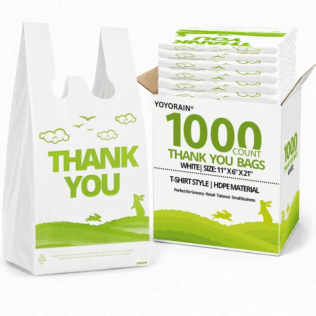 Main image of 1000 Count White Thank You T-Shirt Bags, 11 x 6 x 21 in Durable HDPE with handles, Thank You print, reusable & disposable for grocery, retail, takeout and small business