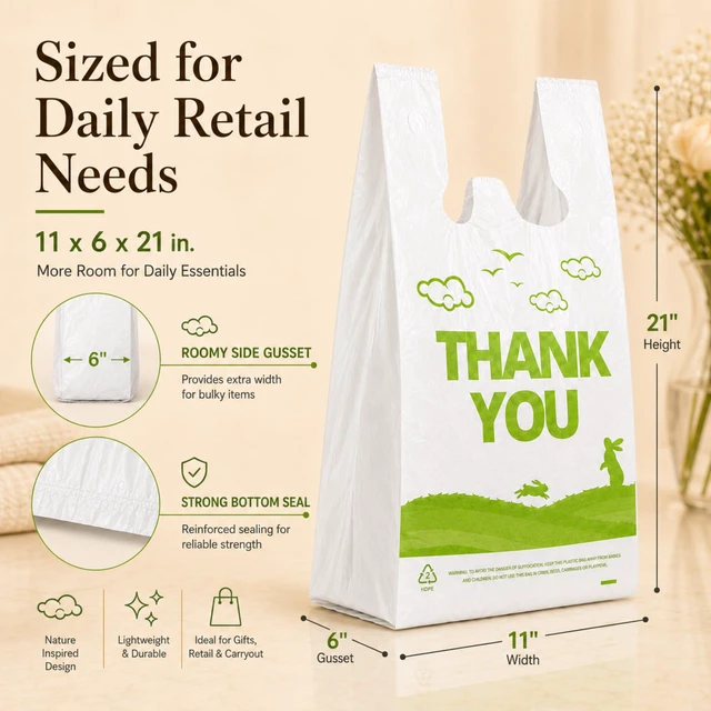 Alt view image 5 of 7 - 1000 Count White Thank You T-Shirt Bags, 11 x 6 x 21 in Durable HDPE with handles, Thank You print, reusable & disposable for grocery, retail, takeout and small business