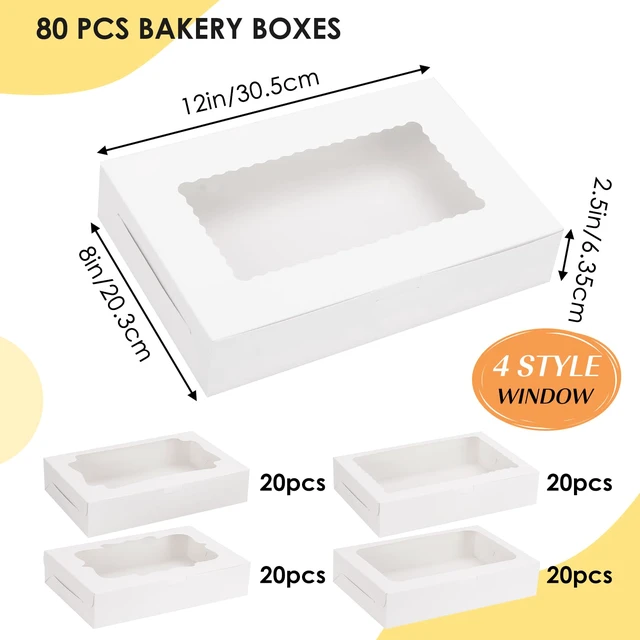 Alt view image 2 of 7 - 80pcs Cookie Boxes with 4 Style Window, 12x8x2.5 In White Bakery Boxes Treat Boxes, Dessert Boxes Ideal for Chocolate Covered Strawberries,Muffins, Donuts, Pastries and More