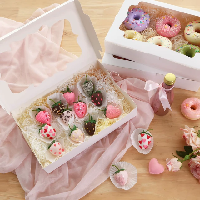 Alt view image 5 of 7 - 80pcs Cookie Boxes with 4 Style Window, 12x8x2.5 In White Bakery Boxes Treat Boxes, Dessert Boxes Ideal for Chocolate Covered Strawberries,Muffins, Donuts, Pastries and More