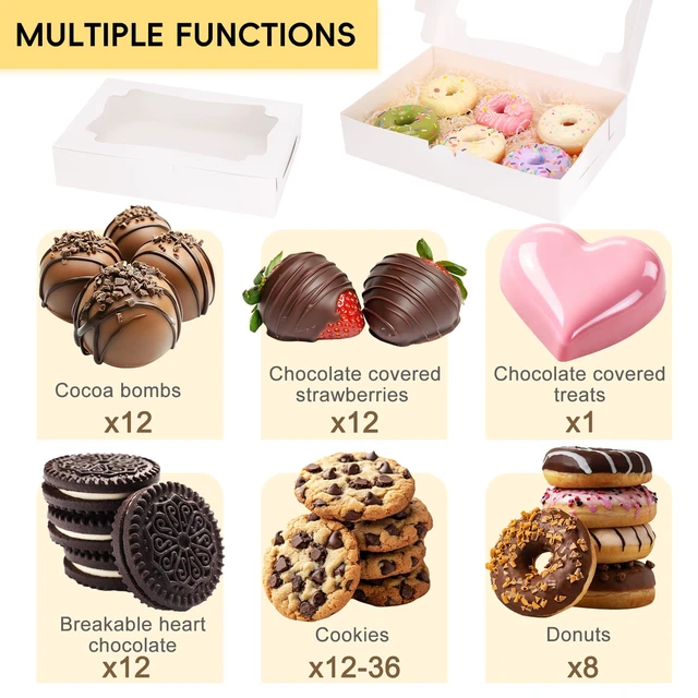 Alt view image 7 of 7 - 80pcs Cookie Boxes with 4 Style Window, 12x8x2.5 In White Bakery Boxes Treat Boxes, Dessert Boxes Ideal for Chocolate Covered Strawberries,Muffins, Donuts, Pastries and More