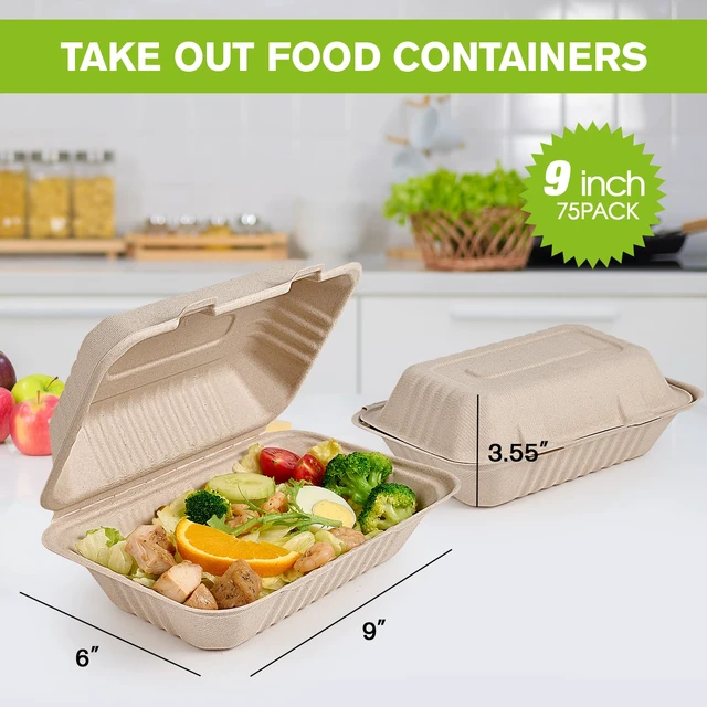 Alt view image 2 of 7 - 75 Pack Compostable Clamshell Take Out Food Containers, 9x6 inch Heavy-Duty Disposable To Go Boxes, Eco-Friendly Biodegradable To Go Containers For Food, Perfect for Next Day Lunch, Party