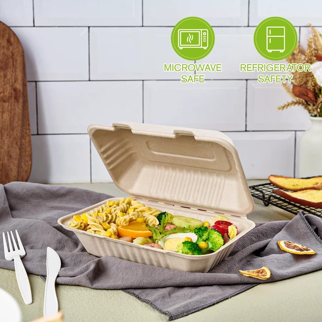 Alt view image 3 of 7 - 75 Pack Compostable Clamshell Take Out Food Containers, 9x6 inch Heavy-Duty Disposable To Go Boxes, Eco-Friendly Biodegradable To Go Containers For Food, Perfect for Next Day Lunch, Party