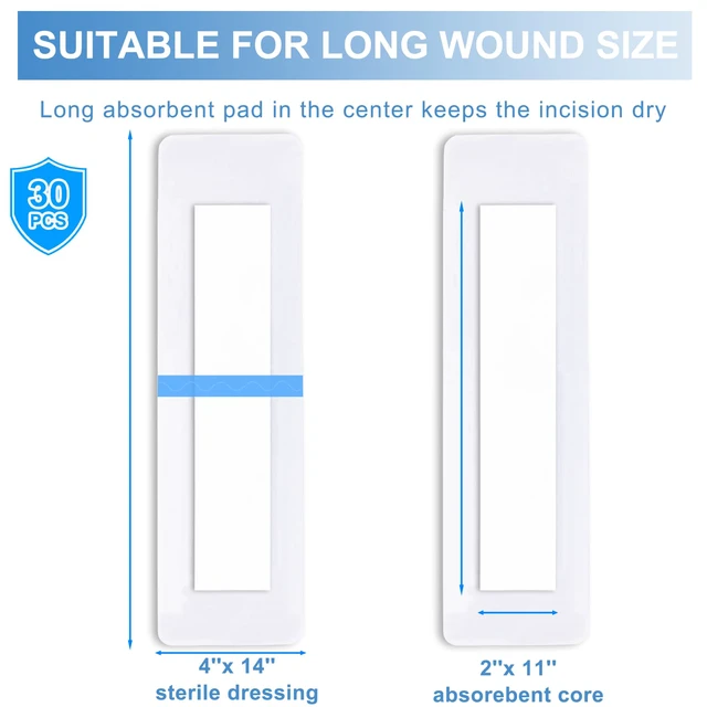 Alt view image 5 of 7 - 30 Pack 4"x14" Waterproof Adhesive Island Dressing for Post-Surgery Recovery | Sterile Bordered Gauze Bandages with Non-Stick Pad for Knee/Hip Replacement, Surgical Incision Care & Shower Protection