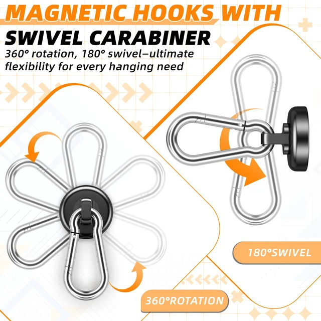 Alt view image 6 of 7 - Magnetic Hooks, Strong Magnets Heavy Duty, 10 Pack 70 LBS Strong Magnetic Hooks with Swivel Carabiner for Hanging Magnet with Hook for Kitchen, School, Home