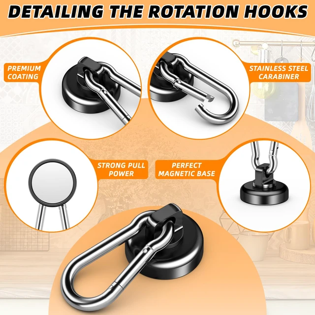 Alt view image 5 of 7 - Magnetic Hooks, Strong Magnets Heavy Duty, 10 Pack 70 LBS Strong Magnetic Hooks with Swivel Carabiner for Hanging Magnet with Hook for Kitchen, School, Home