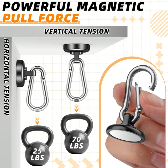 Alt view image 7 of 7 - Magnetic Hooks, Strong Magnets Heavy Duty, 10 Pack 70 LBS Strong Magnetic Hooks with Swivel Carabiner for Hanging Magnet with Hook for Kitchen, School, Home