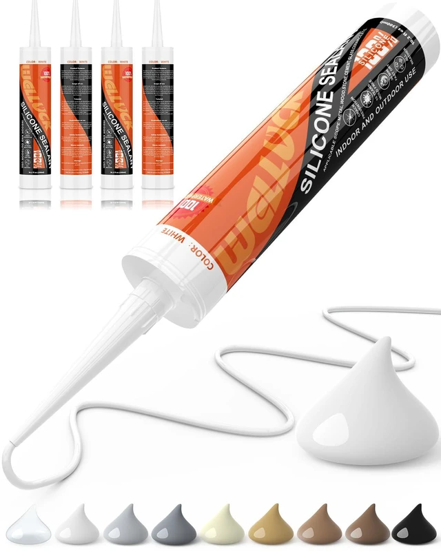 Main image of White Silicone Caulk, 100% Waterproof Silicone Sealant Adhesive Caulking,for RV, Kitchen,Bathroom, Window, Door, Glass,10.2FL.OZ/300ML (4-Pack)