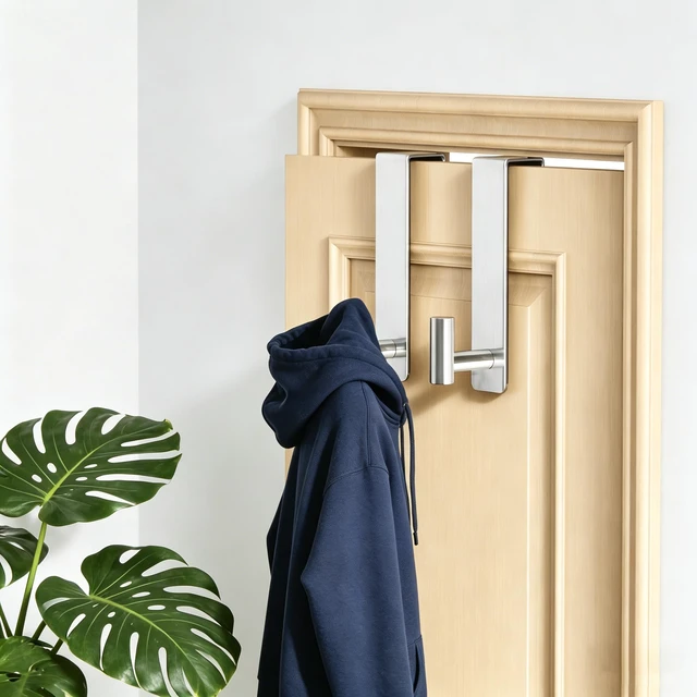 Alt view image 4 of 5 - Heavy Duty Over Door Hooks - Fits 1.77" Wide Hanger, Towel Door Hook for Clothes, Robe, Coats, Bags (Silvery, T Shape 2 Pack, Fits 1-3/4'' Thick)