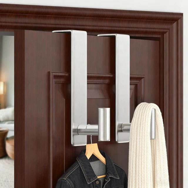Alt view image 2 of 5 - Heavy Duty Over Door Hooks - Fits 1.77" Wide Hanger, Towel Door Hook for Clothes, Robe, Coats, Bags (Silvery, T Shape 2 Pack, Fits 1-3/4'' Thick)