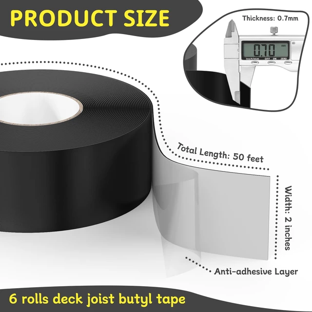 Alt view image 2 of 7 - Joist Tape for Decking 2'' X 50', 6 Rolls Waterproof Butyl Tape Weather Resistanceand Anti-Corrosion, Self-Adhesive Deck Joist Tape for Wood Joists Decks Beams Roof Extend Deck Life