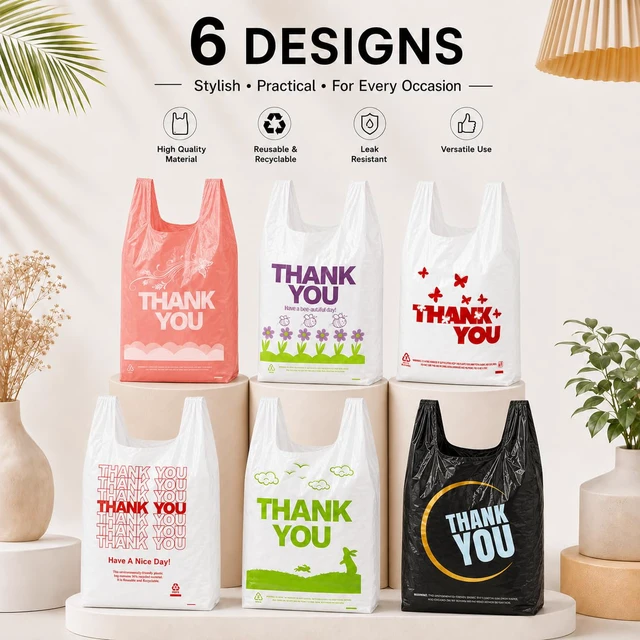 Alt view image 2 of 7 - 1000 Count White Thank You T-Shirt Bags, 11 x 6 x 21 in Durable HDPE with handles, Thank You print, carryout sacks for grocery, retail, takeout and small business