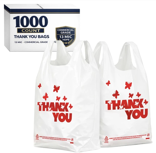 Main image of 1000 Count White Thank You T-Shirt Bags, 11 x 6 x 21 in Durable HDPE with handles, Thank You print, reusable & disposable for grocery, retail, takeout and small business